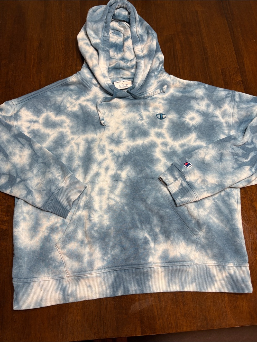 Champion Tie-Dye Crewneck Hoodie in Light Blue and White